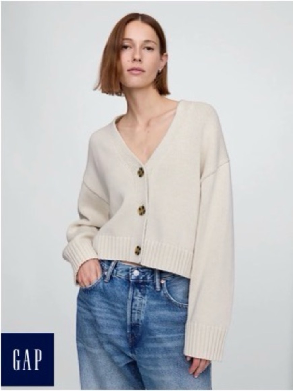 TALL GAP 100% Cotton Chunky Knit V-Neck Button Cardigan Sweater size M Tall